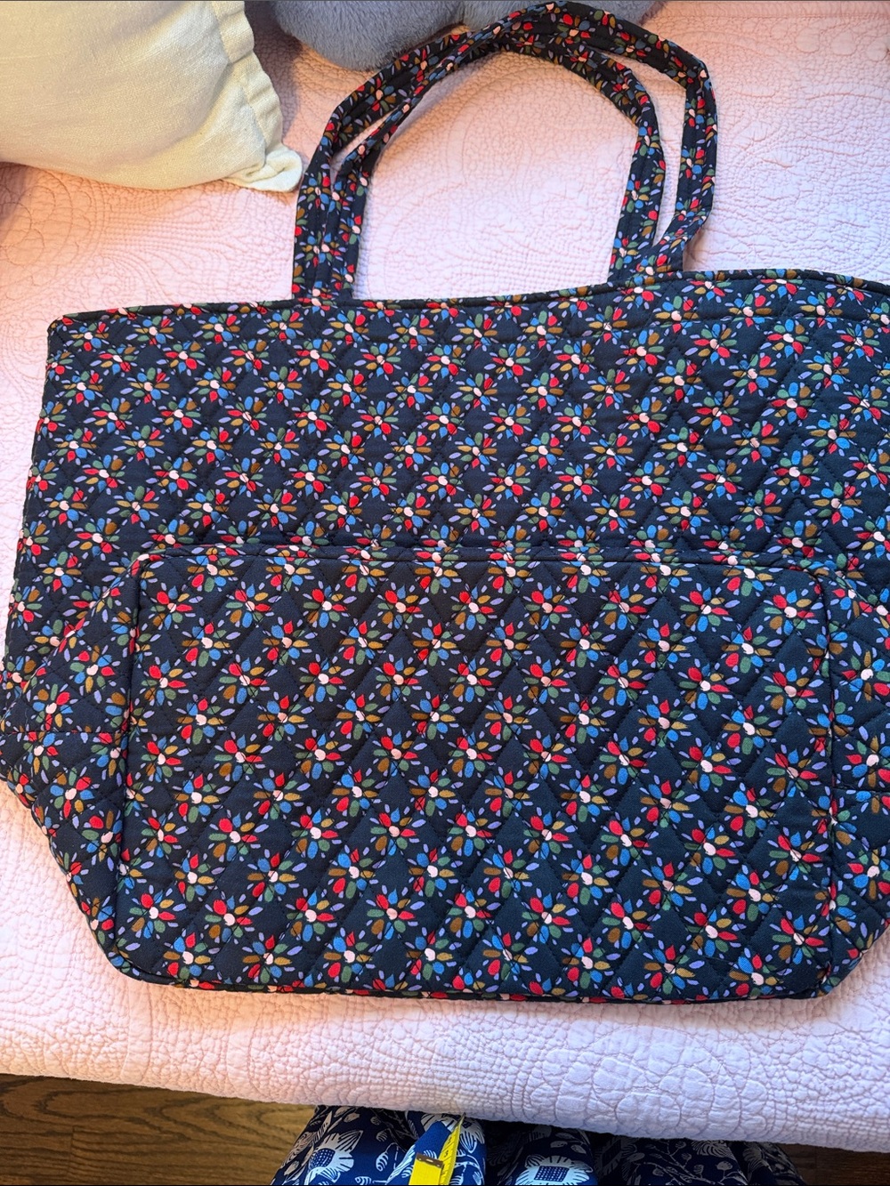 Vera Bradley Quilted Black Tote with Red, Pink, Orange & Green Floral Pattern - Picture 4 of 7